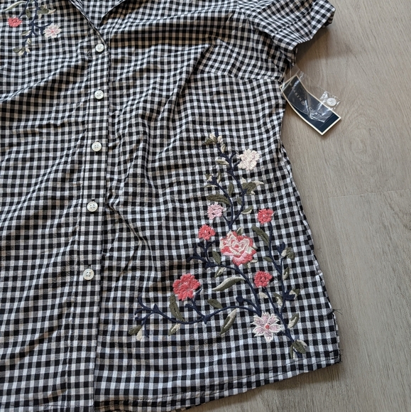 NWT Karen Scott Floral Embroidered Gingham Black&White Shirt Size M - Picture 6 of 13